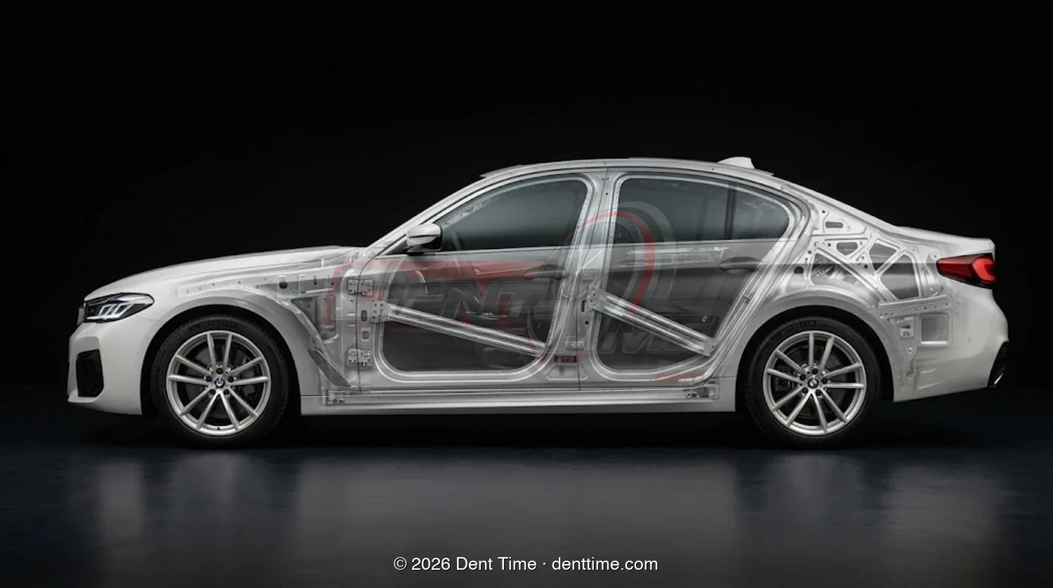 BMW with the door panels made transparent, showing the internal impact beams and bracing that decide paintless dent repair access and cost