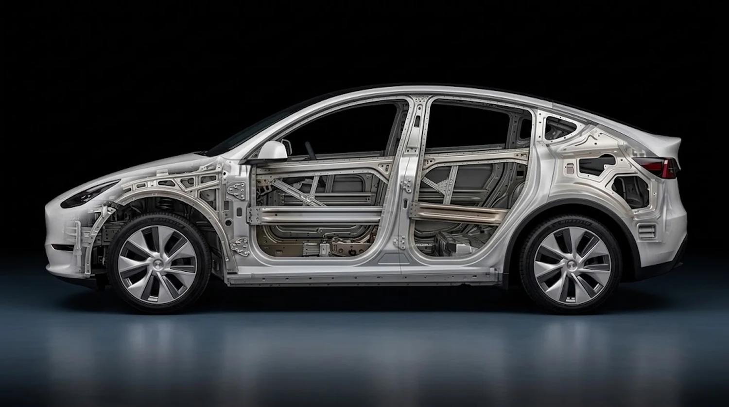 Tesla with the panels made transparent, showing the internal bracing that decides paintless dent repair access