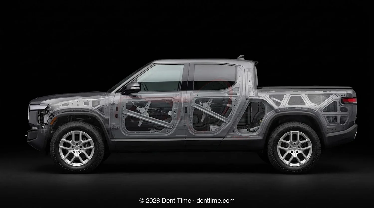 Rivian with the panels made transparent, showing the internal bracing that decides paintless dent repair access