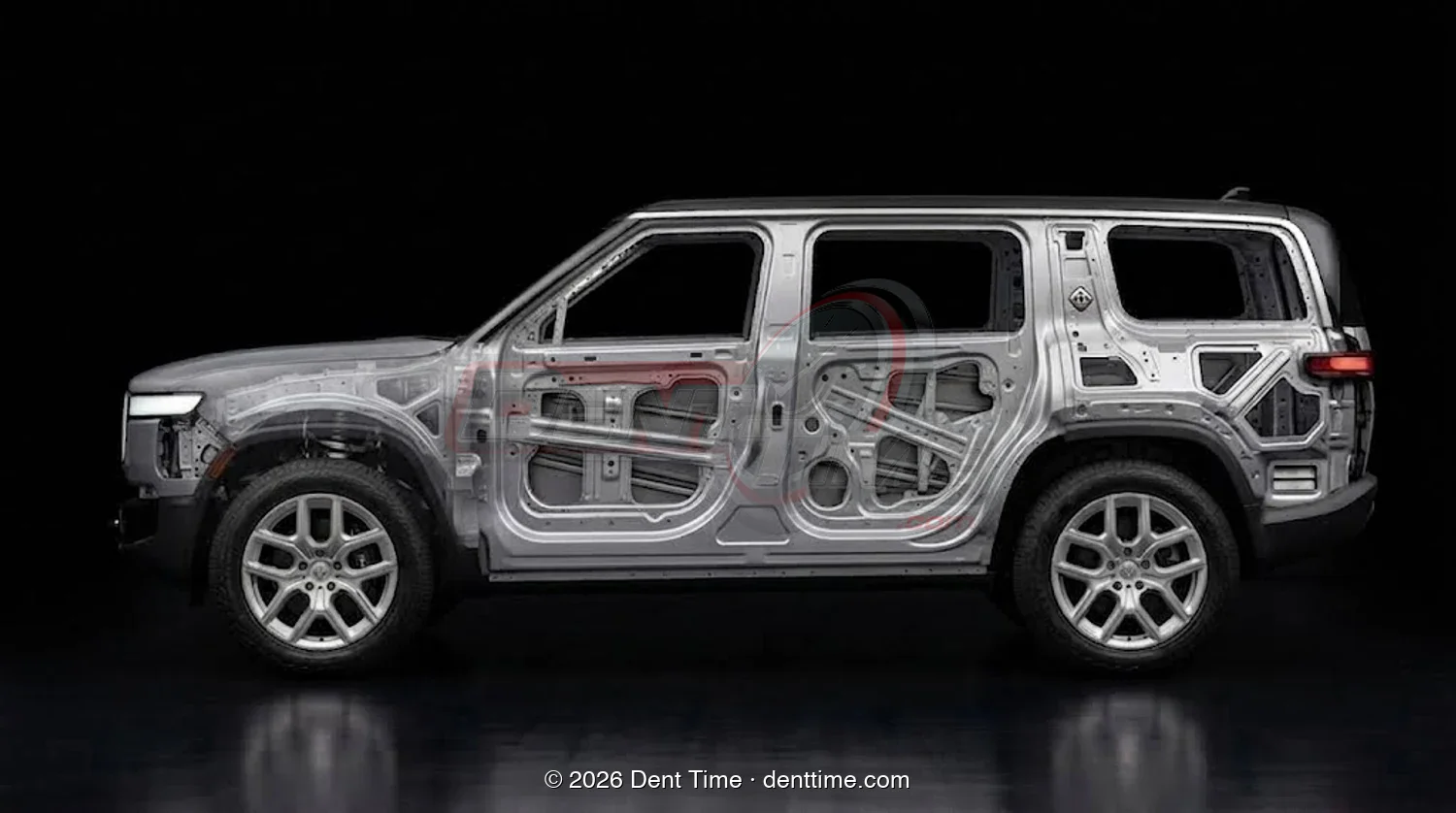 Rivian with the door panels made transparent, showing the internal impact beams and bracing that decide paintless dent repair access and cost