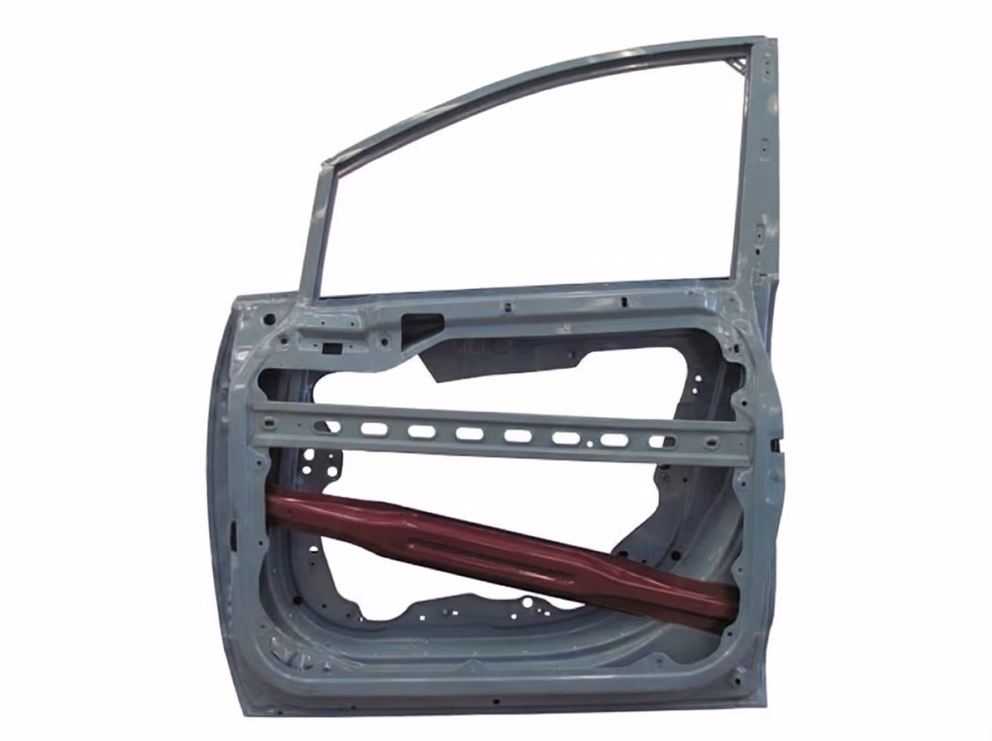 Inside of the same car door showing the impact beam and bracing behind the panel