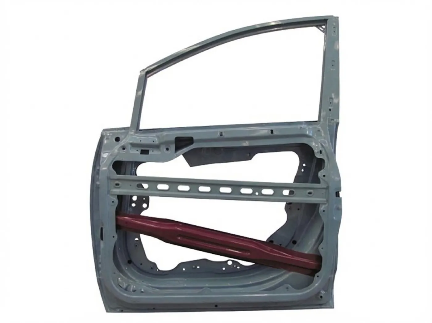 Inside of the same car door showing the impact beam and bracing behind the panel