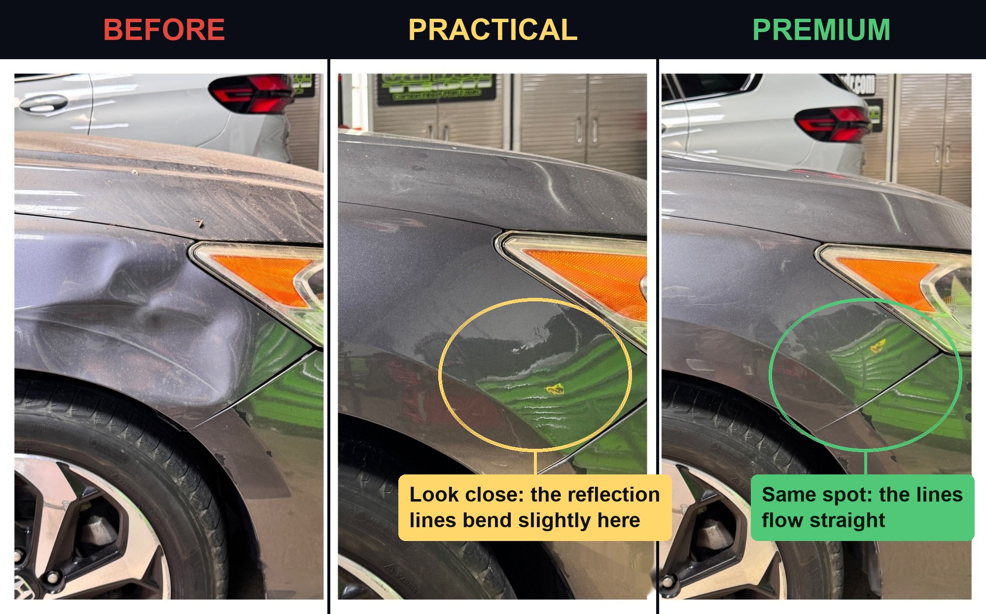 The same fender before repair, after the Practical repair with slightly bent reflection lines, and after the Premium repair where the lines flow straight