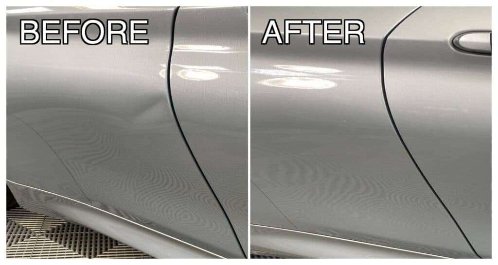 BMW M4 quarter panel dent repair before and after comparison San Diego PDR